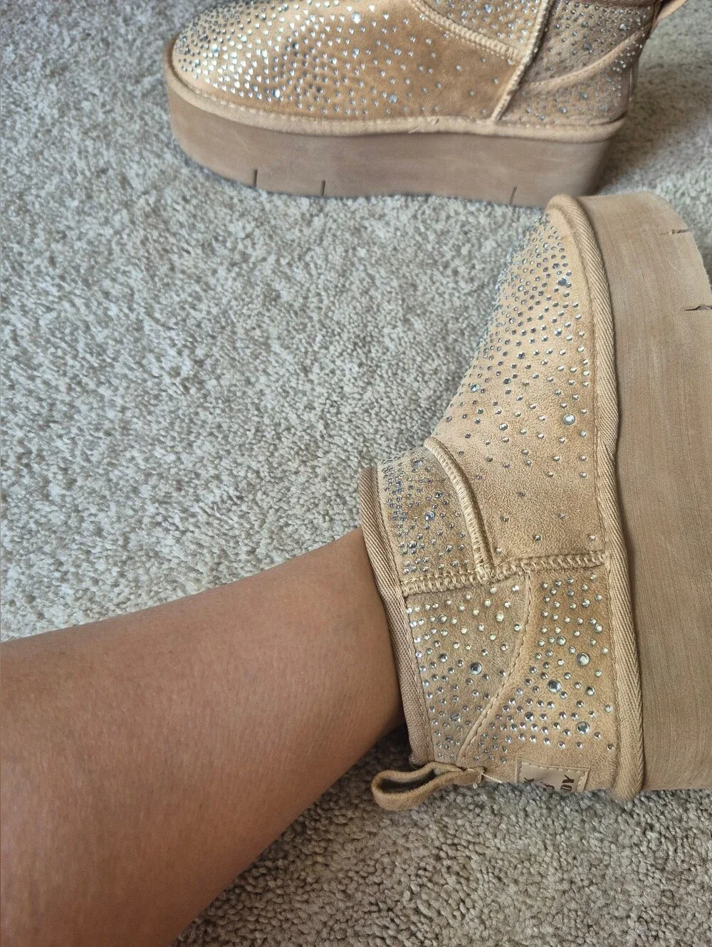 Rock & Candy Tan Crystal Platform Ankle Booties